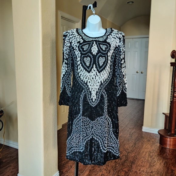 Gold Star VTG Beaded Statement Pure Silk Dress - Picture 12 of 15